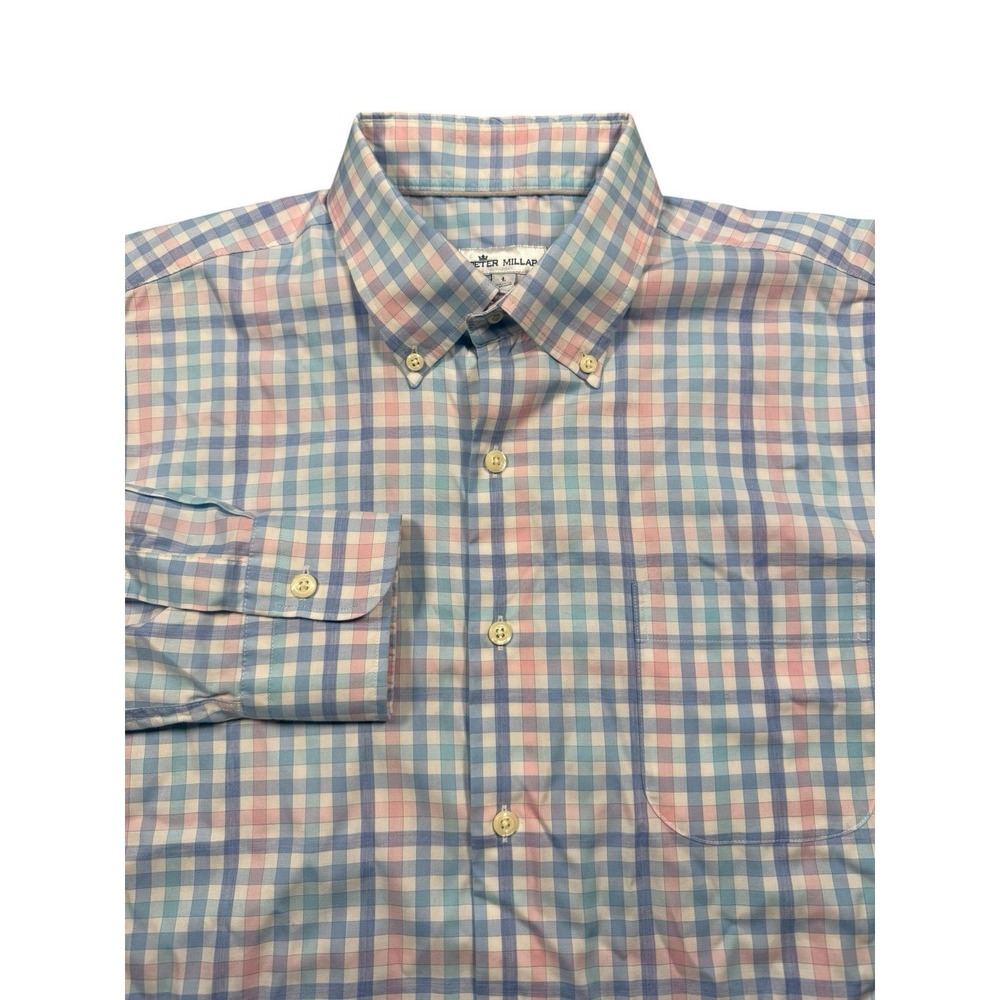 Peter Millar Button Down Men's Large Blue Multicolor Pastel Gingham Check Shirt - Picture 1 of 8
